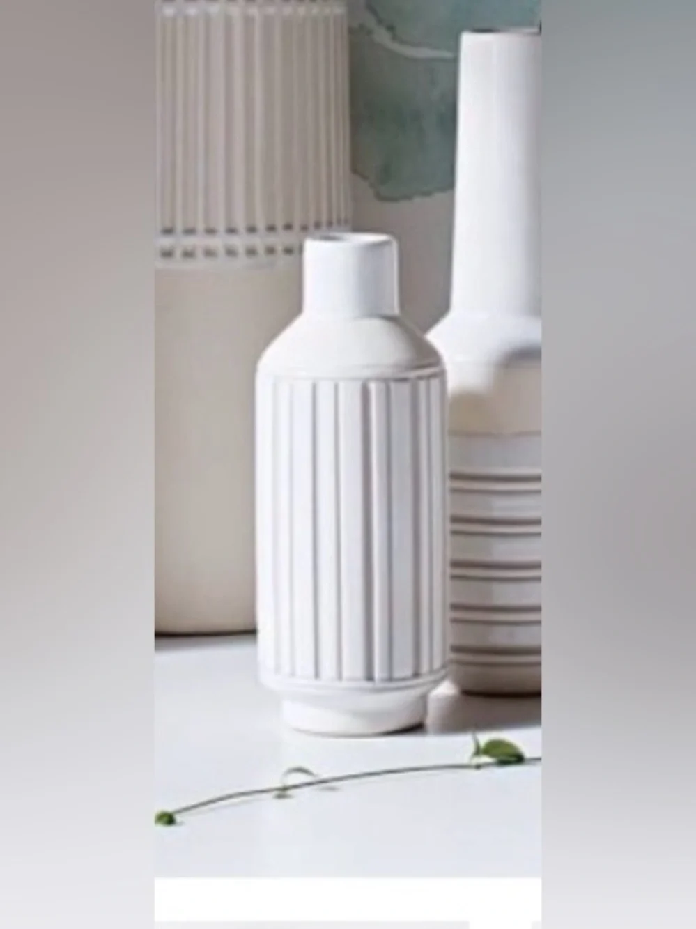 West Elm Art Pottery Vase 9” | Ribbed Ceramic | White/Gray | Home Decor